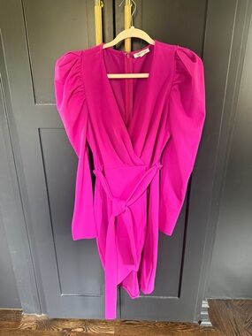 Magenta Wrap Dress with Puff Shoulders